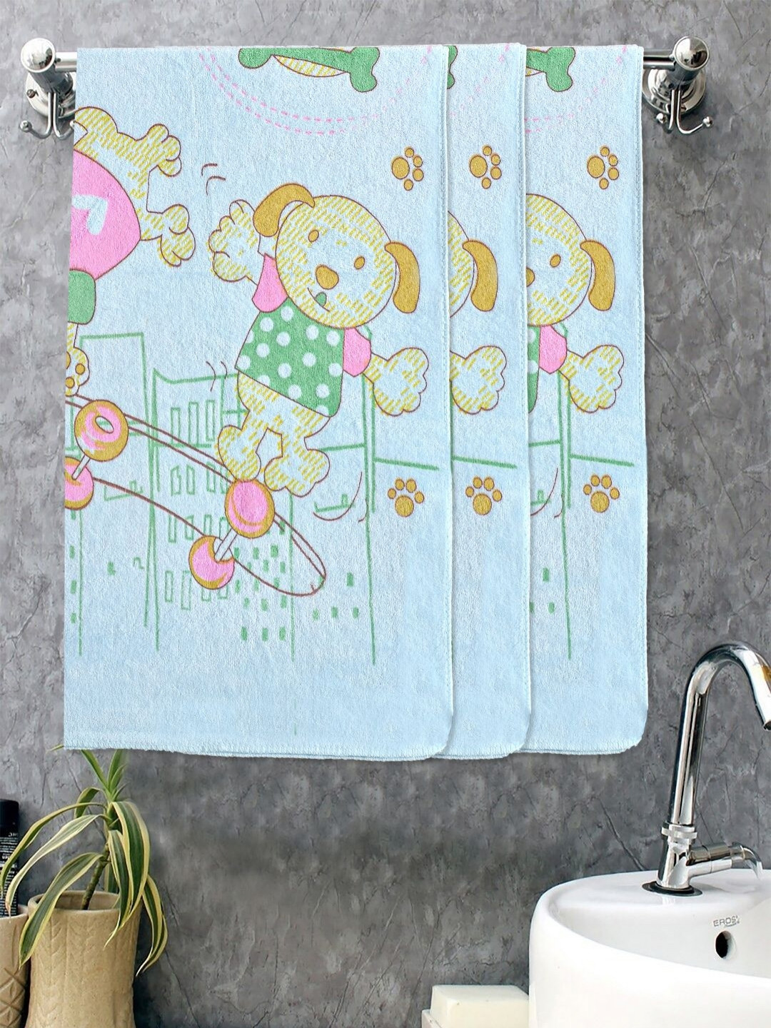 

FABINALIV Kids Blue & Green 3 Pieces Printed Cotton 420 GSM Bath Towels