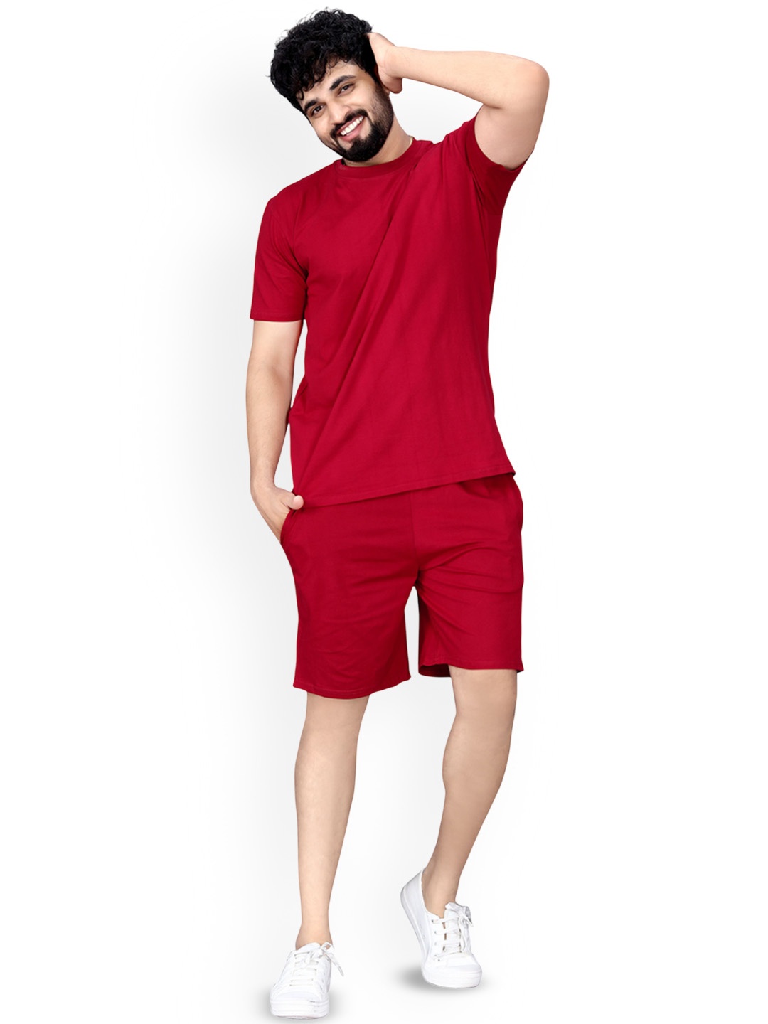 

ELLITI Pure Cotton Round Neck T-Shirt & Shorts Co-Ord Set, Maroon