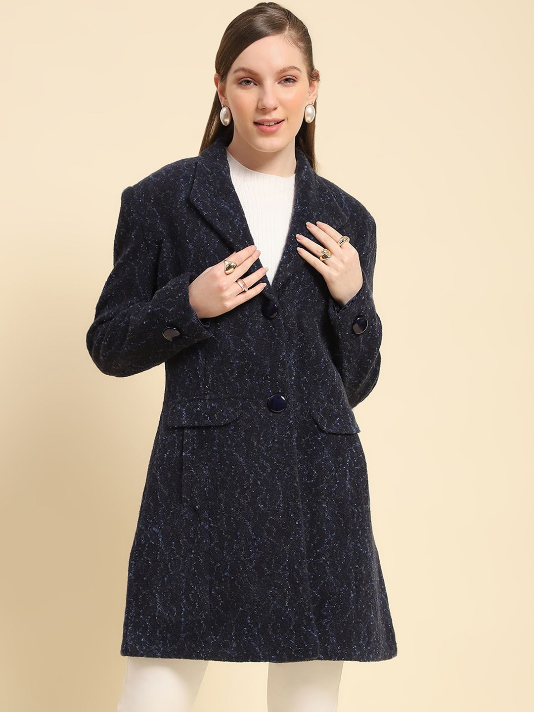 

Global Republic Women Shawl Collar Single-Breasted Overcoat, Navy blue