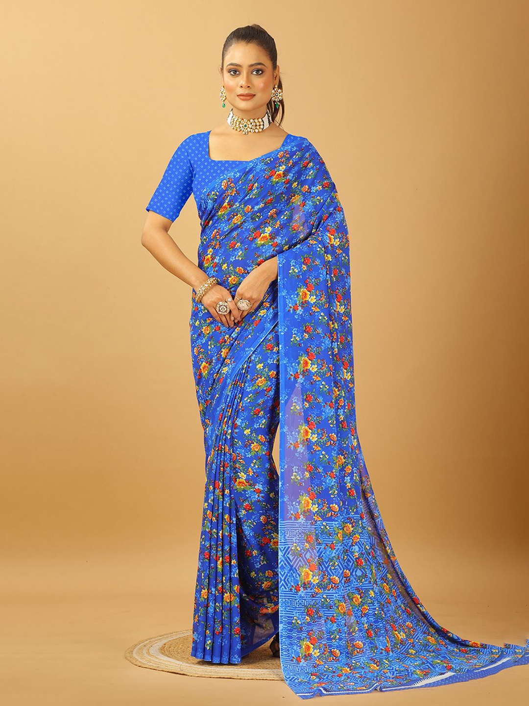 

A.V.M. SILK MILLS Floral Printed Pure Georgette Saree, Blue