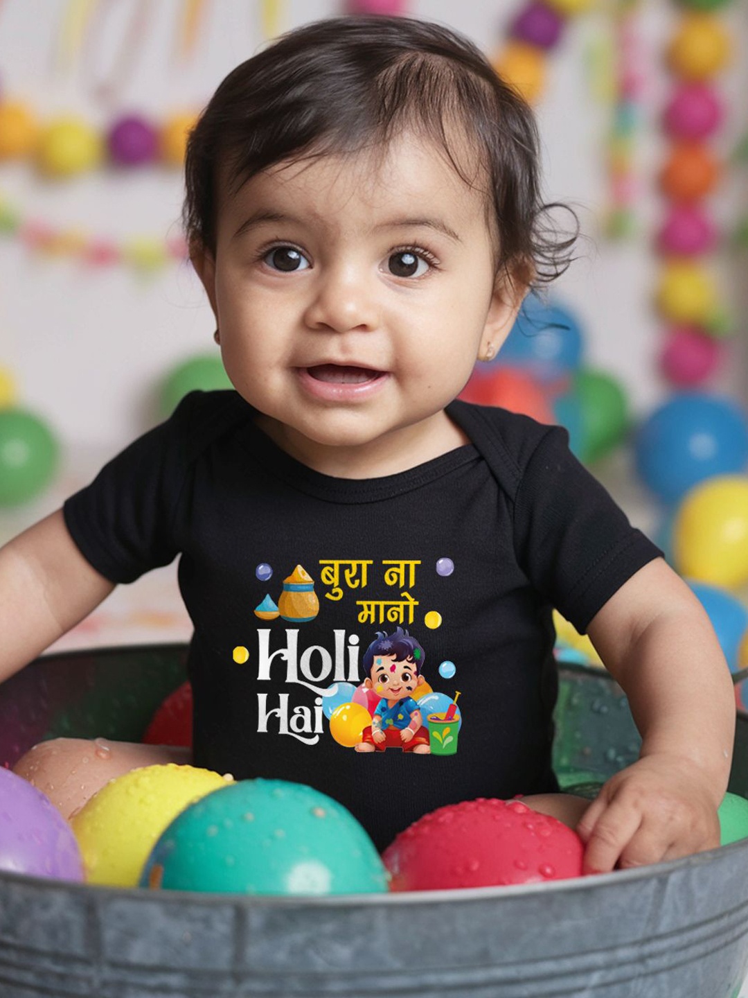 

FFLIRTYGO Infants Holi Printed Cotton Bodysuit, Black