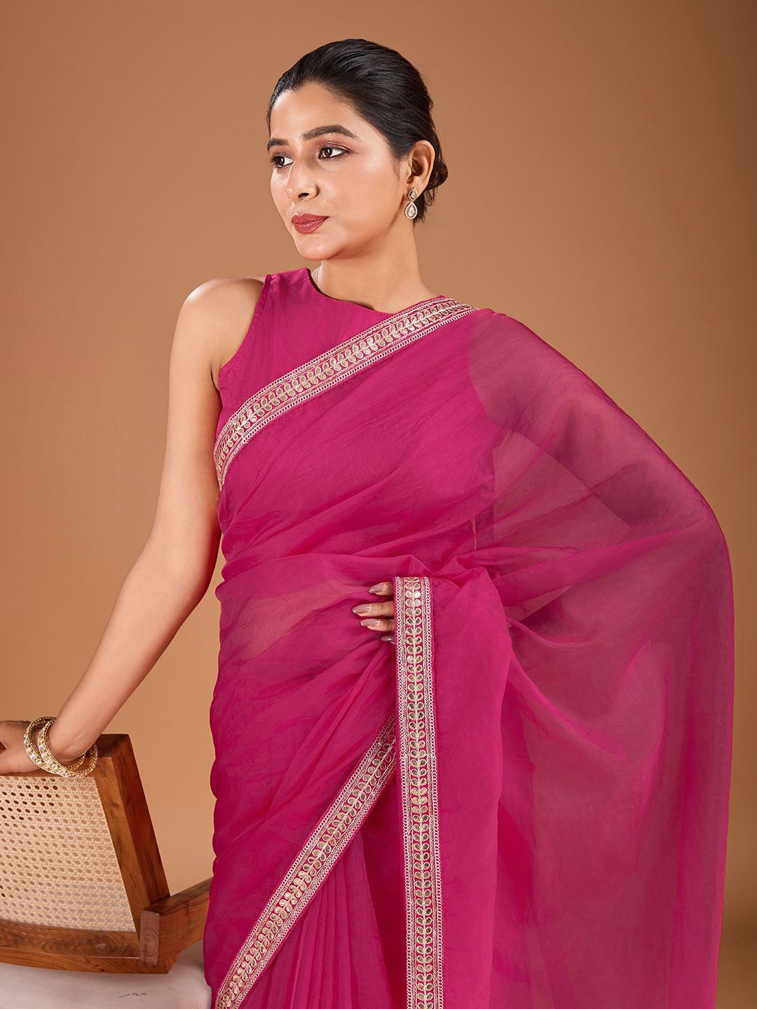 

House of Pataudi Embroidered Saree with Blouse Piece, Magenta