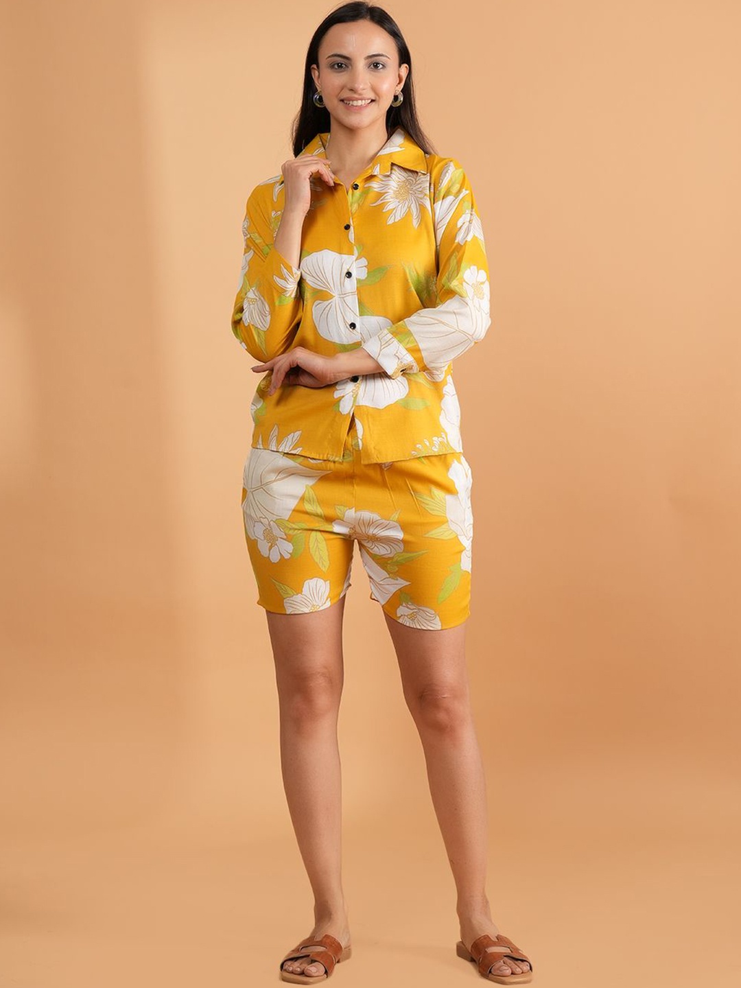 

BAESD Floral Printed Shirt Collar Shirt With Short, Yellow