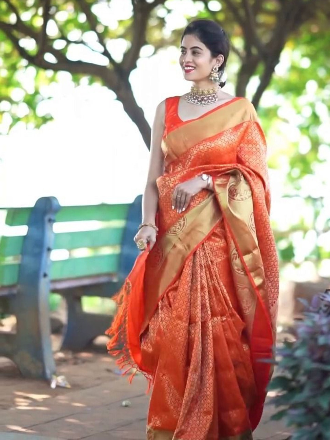 

bansari textiles Woven Design Zari Pure Cotton Kanjeevaram Saree, Orange