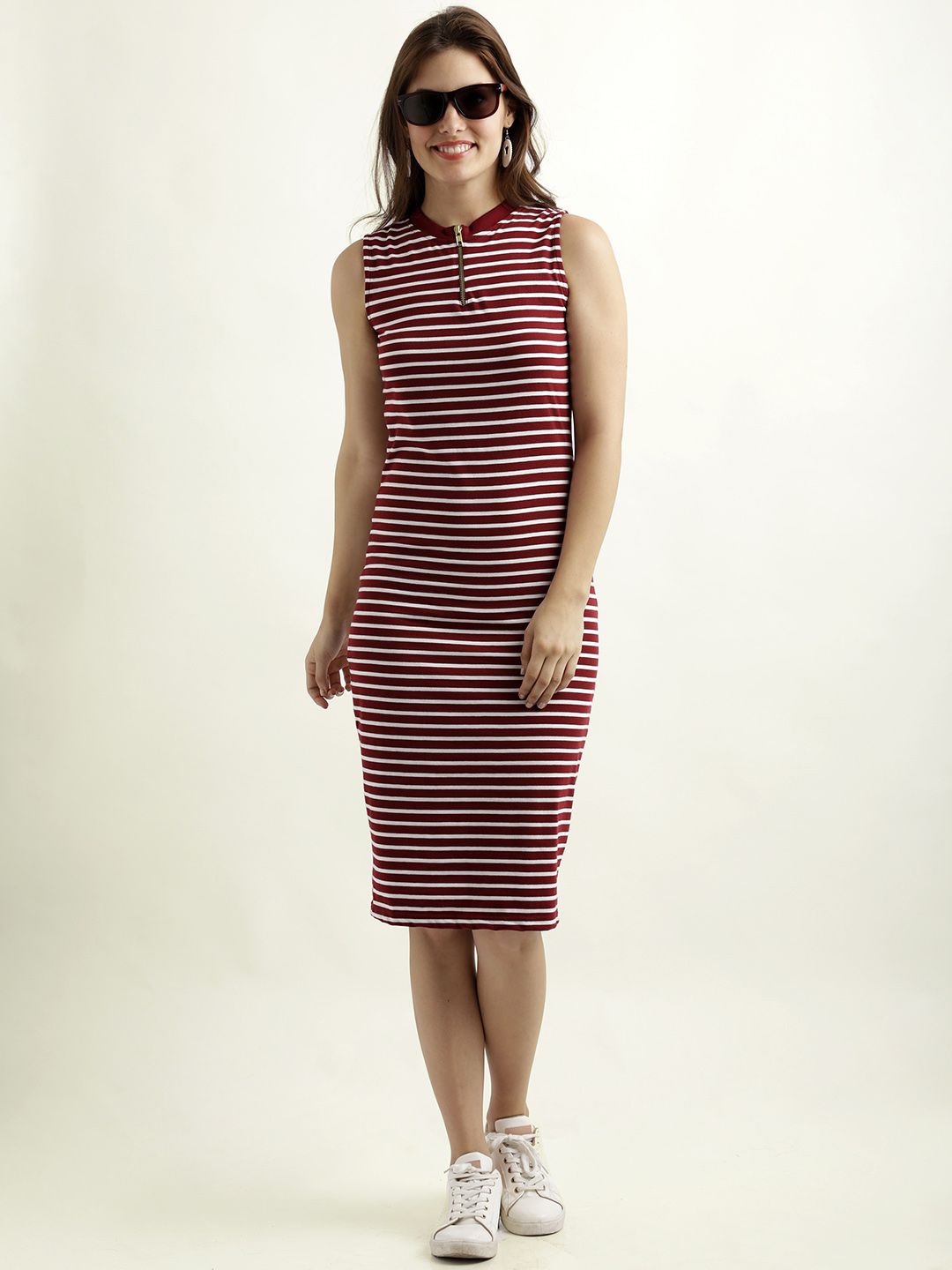 

The Roadster Lifestyle Co Striped Pure Cotton Round Neck Sleeveless Bodycon Midi Dress, Maroon