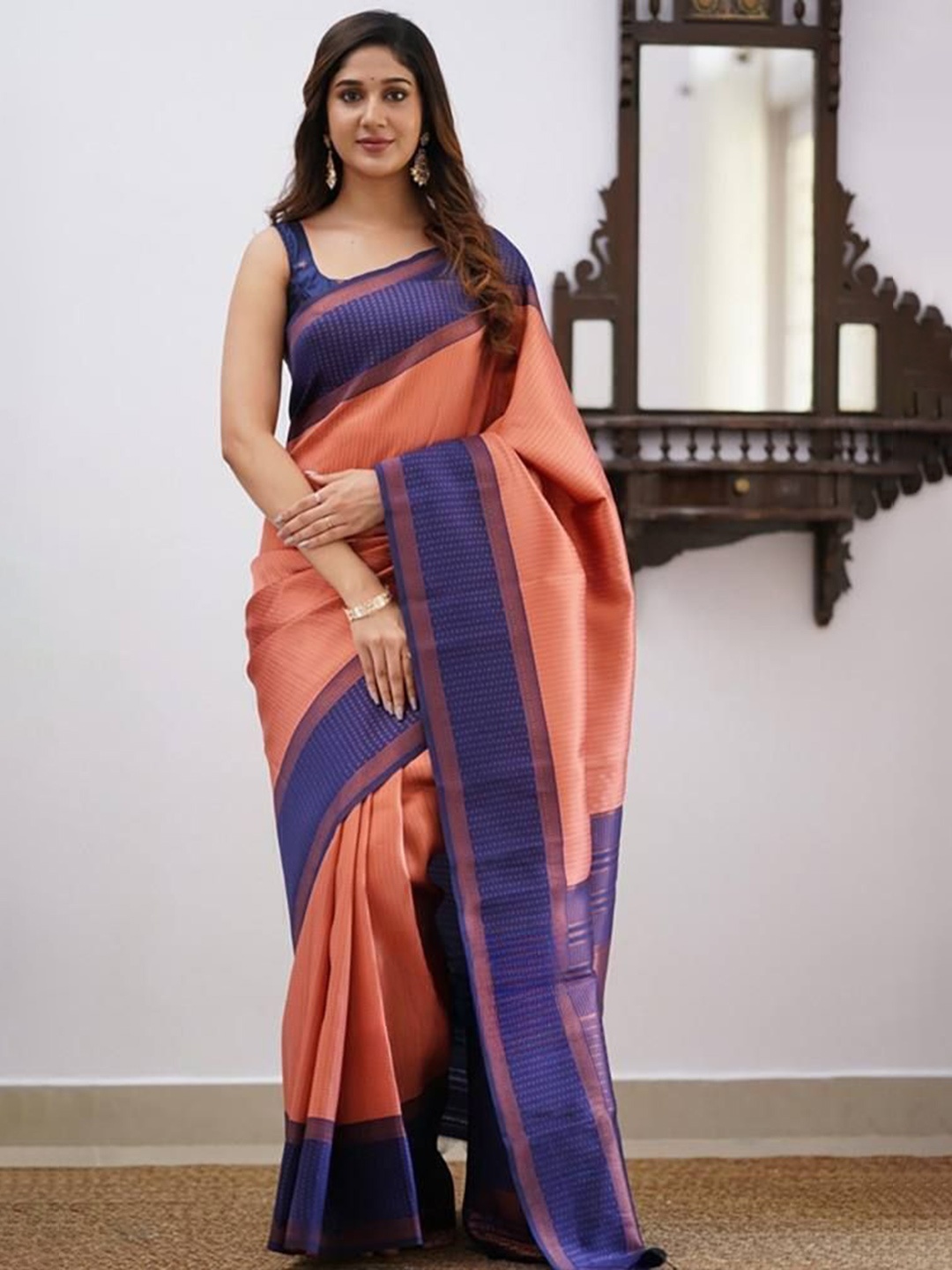 

bansari textiles Woven Design Zari Kota Saree, Peach