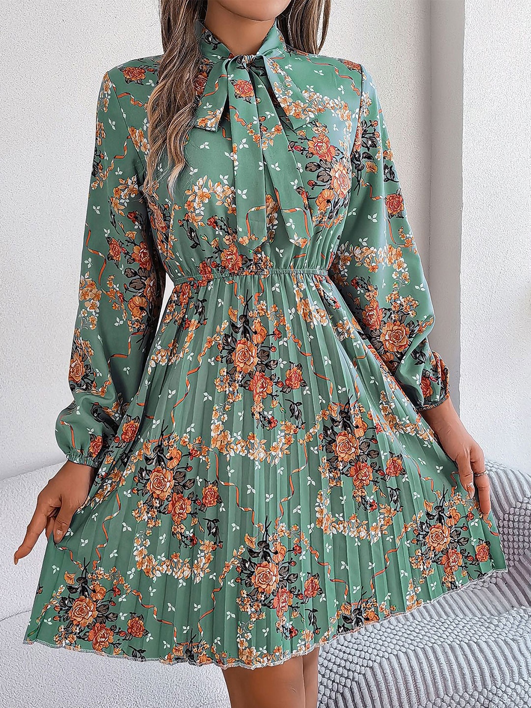 

StyleCast x Revolte Floral Printed Georgette Fit & Flare Pleated Dress, Green