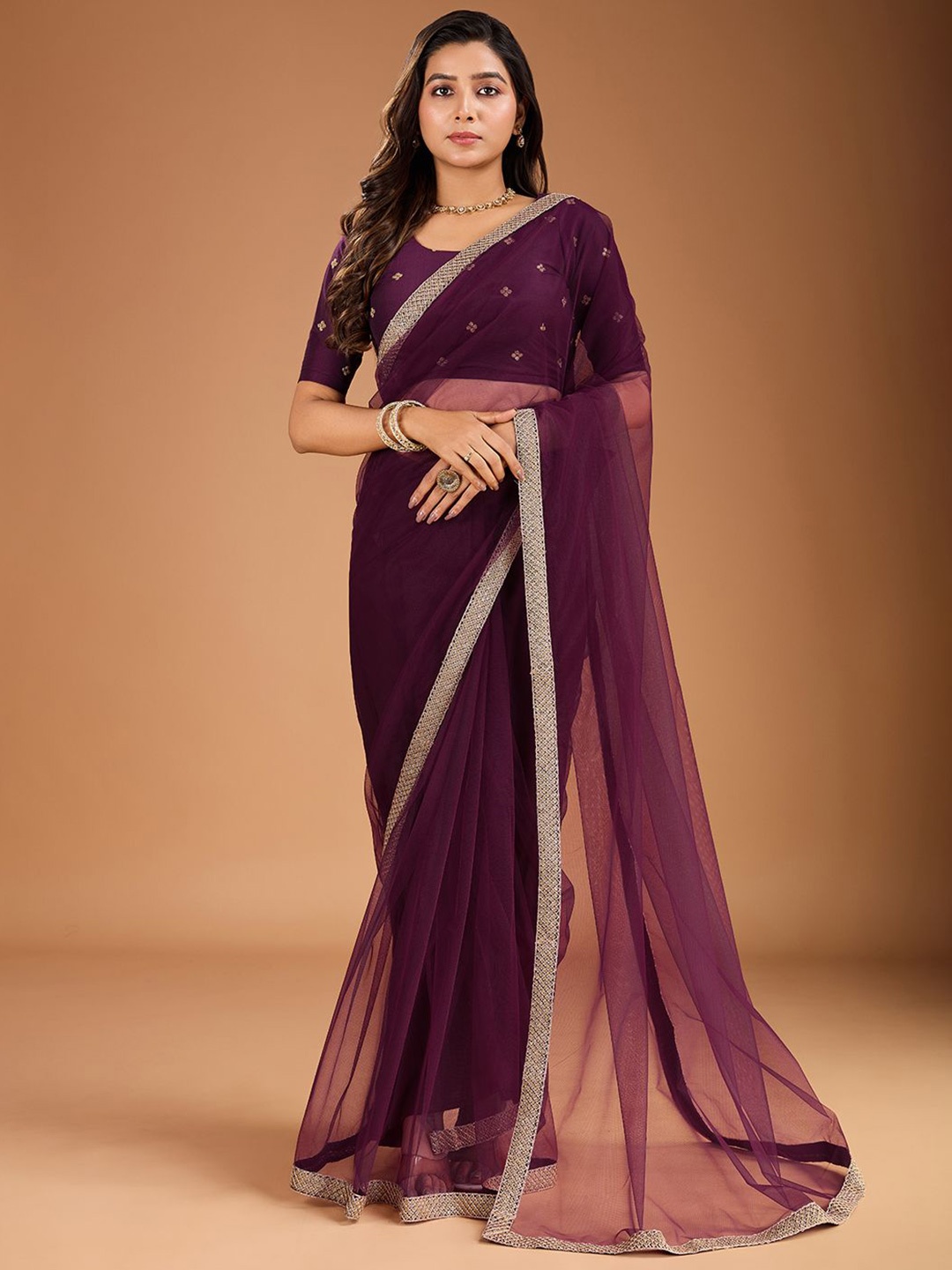 

House of Pataudi Embroidered Sequinned Net Saree with Blouse Piece, Purple