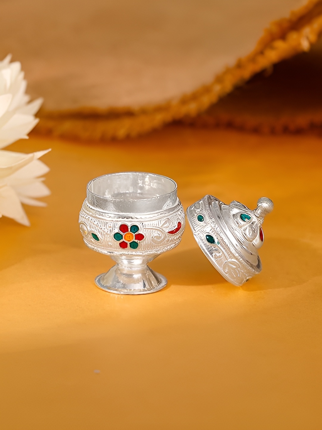 

GIVA 925 Pure Silver and Yellow Mangal Kumkum Box
