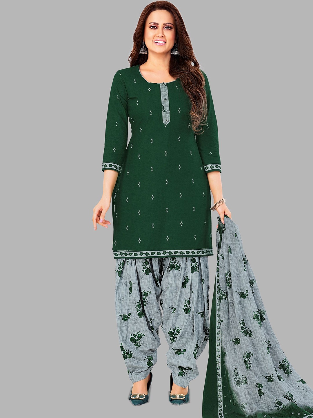 

Simmu Floral Printed Pure Cotton Unstitched Dress Material, Green