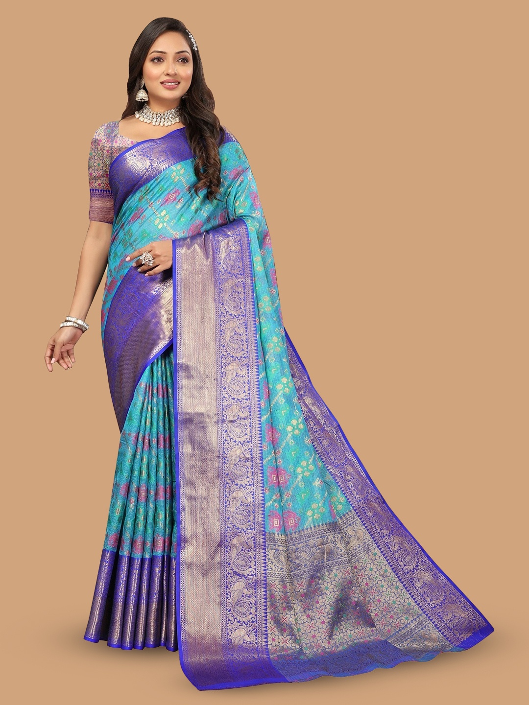

bansari textiles Woven Design Zari Jute Silk Paithani Saree, Blue