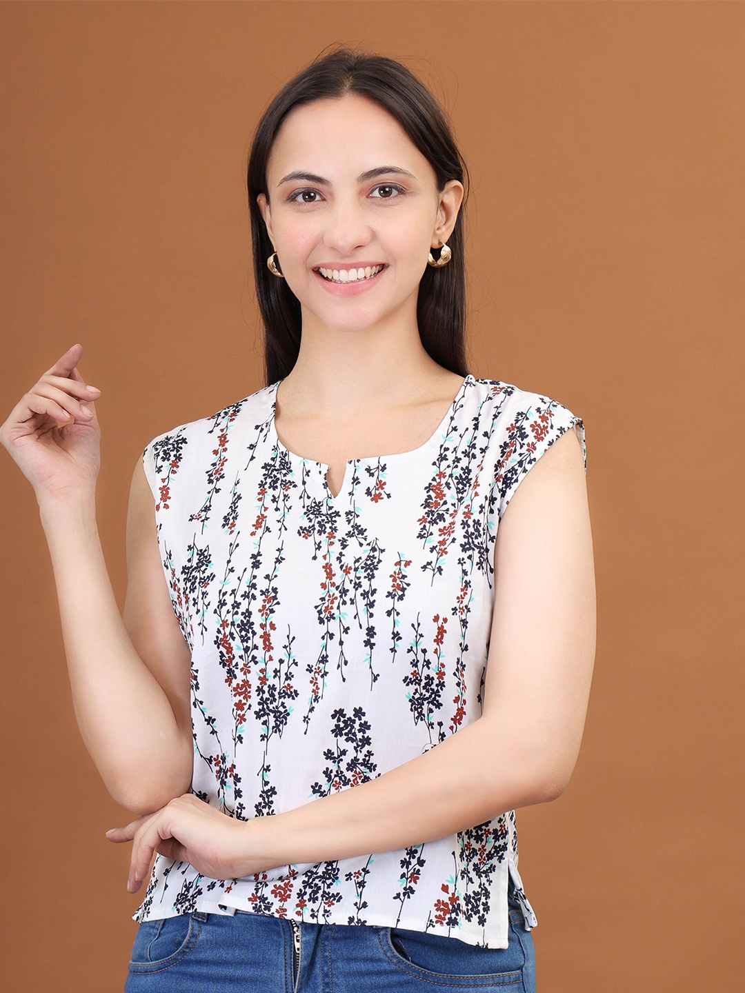 

Moda Rapido Women Floral Printed Cotton Top, White