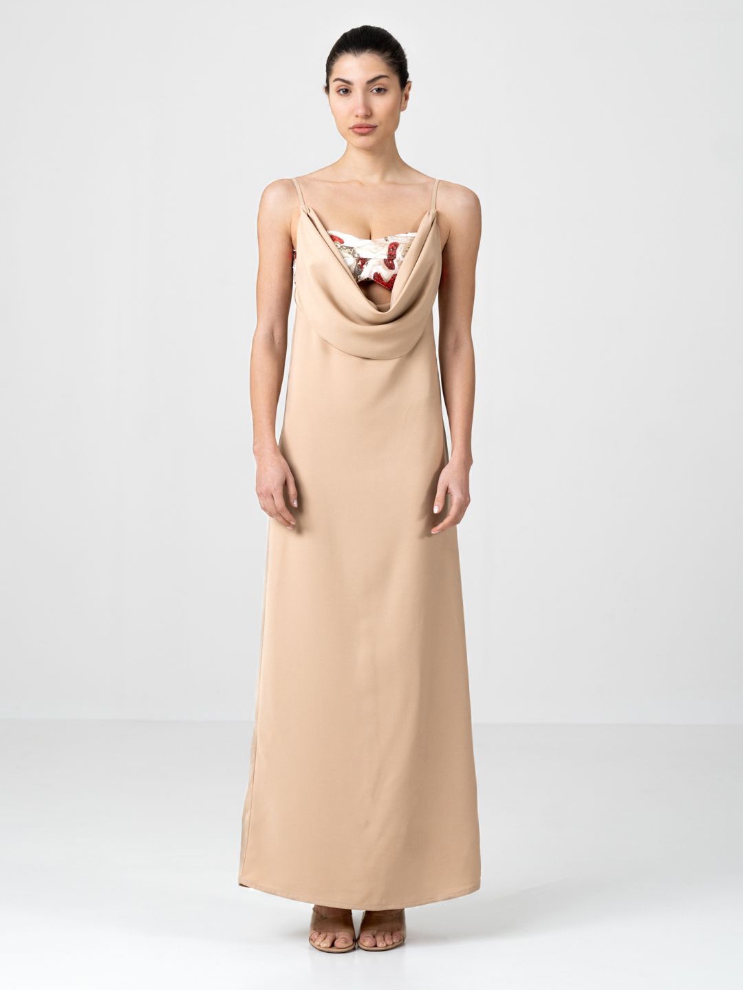 

SOTBELLA Embroidered Cowl Neck Georgette Maxi Dress, Beige