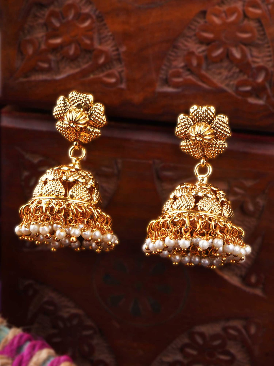 

Anouk White 24K Gold-Plated Artificial Beaded Dome Shaped Jhumkas