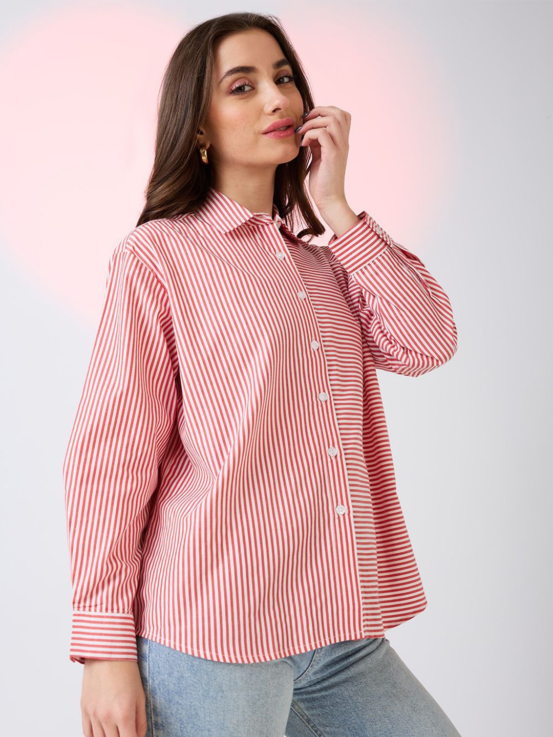 

Globus Striped Cotton Shirt Style Longline Top, Red