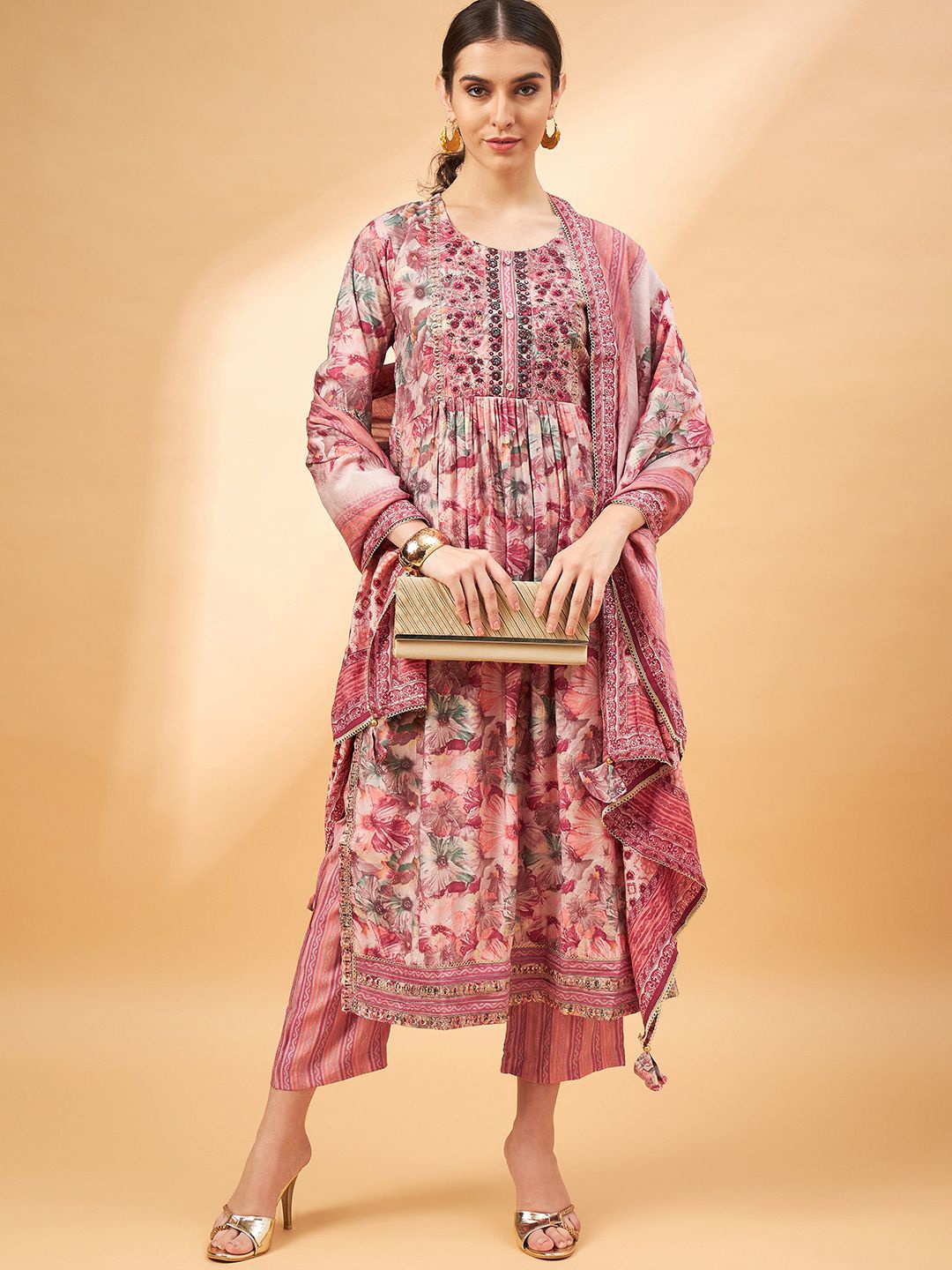 

CHETI Floral Printed Thread Work Chanderi Silk A-Line Kurta With Trouser And Dupatta, Pink