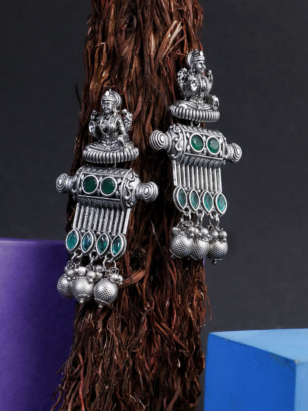 

Sangria Green Silver Plated Oxidised Artificial Stones Studded And Beaded Classic Jhumkas