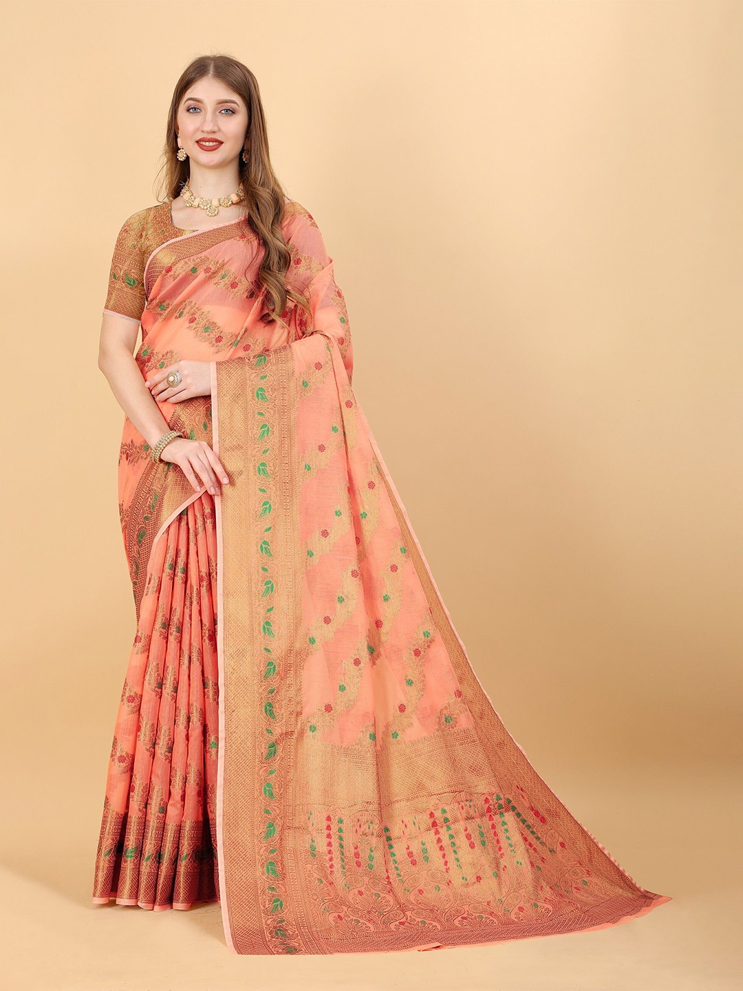 

bansari textiles Woven Design Zari Banarasi Saree, Peach