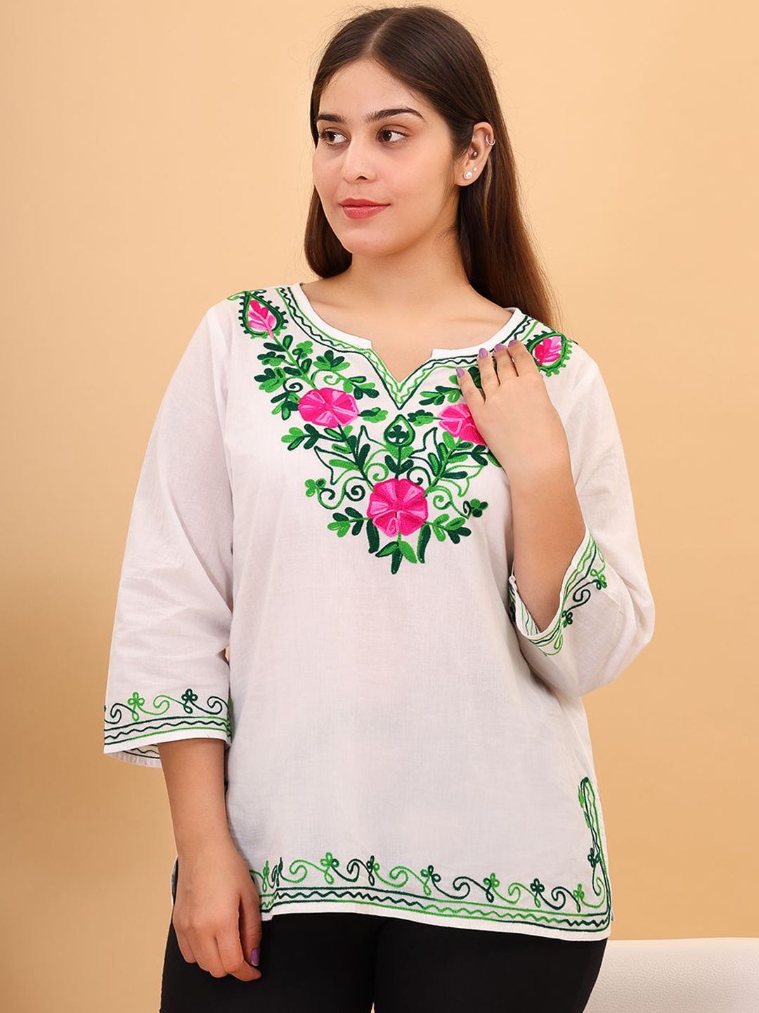 

FEMBLISS Floral Embroidered Pure Cotton Straight Kurti, White