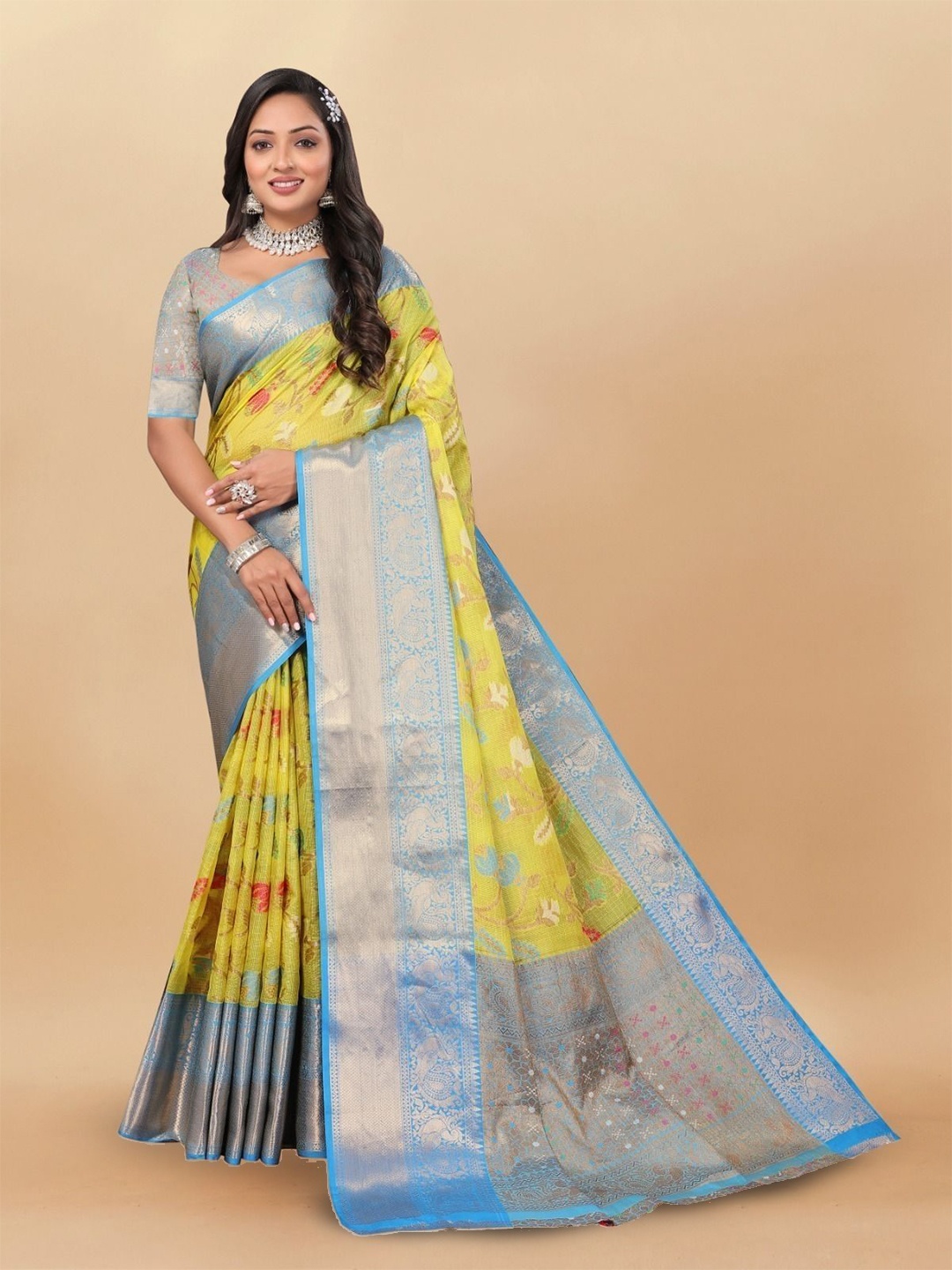 

bansari textiles Woven Design Zari Paithani Saree, Yellow