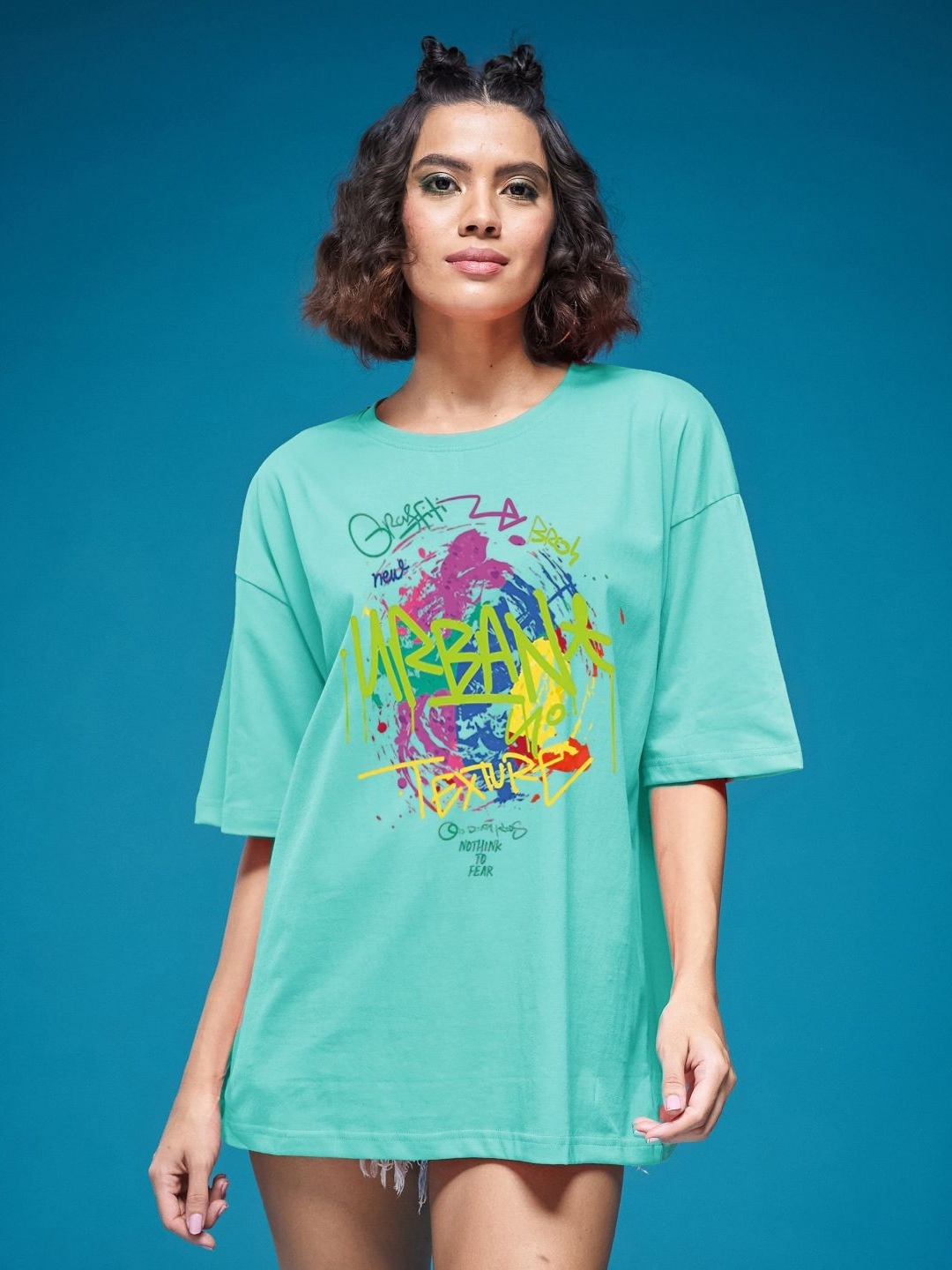 

SMARTEES Women Graphic Printed Round Neck Cotton Oversized T-shirt, Sea green