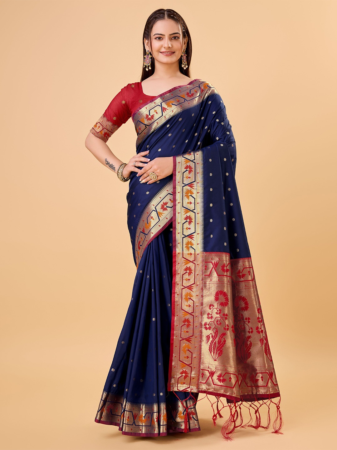 

bansari textiles Ethnic Motifs Woven Design Zari Pure Silk Banarasi Saree, Blue