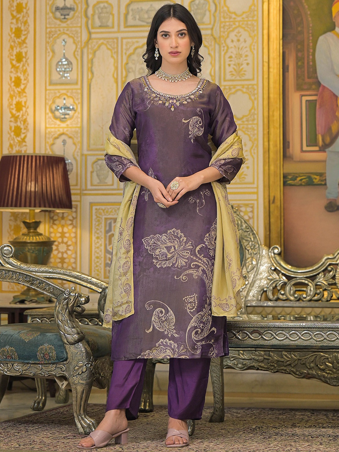 

Anouk Purple Yellow Floral Embroidered Round Neck Tissue Kurta With Trouser And Dupatta