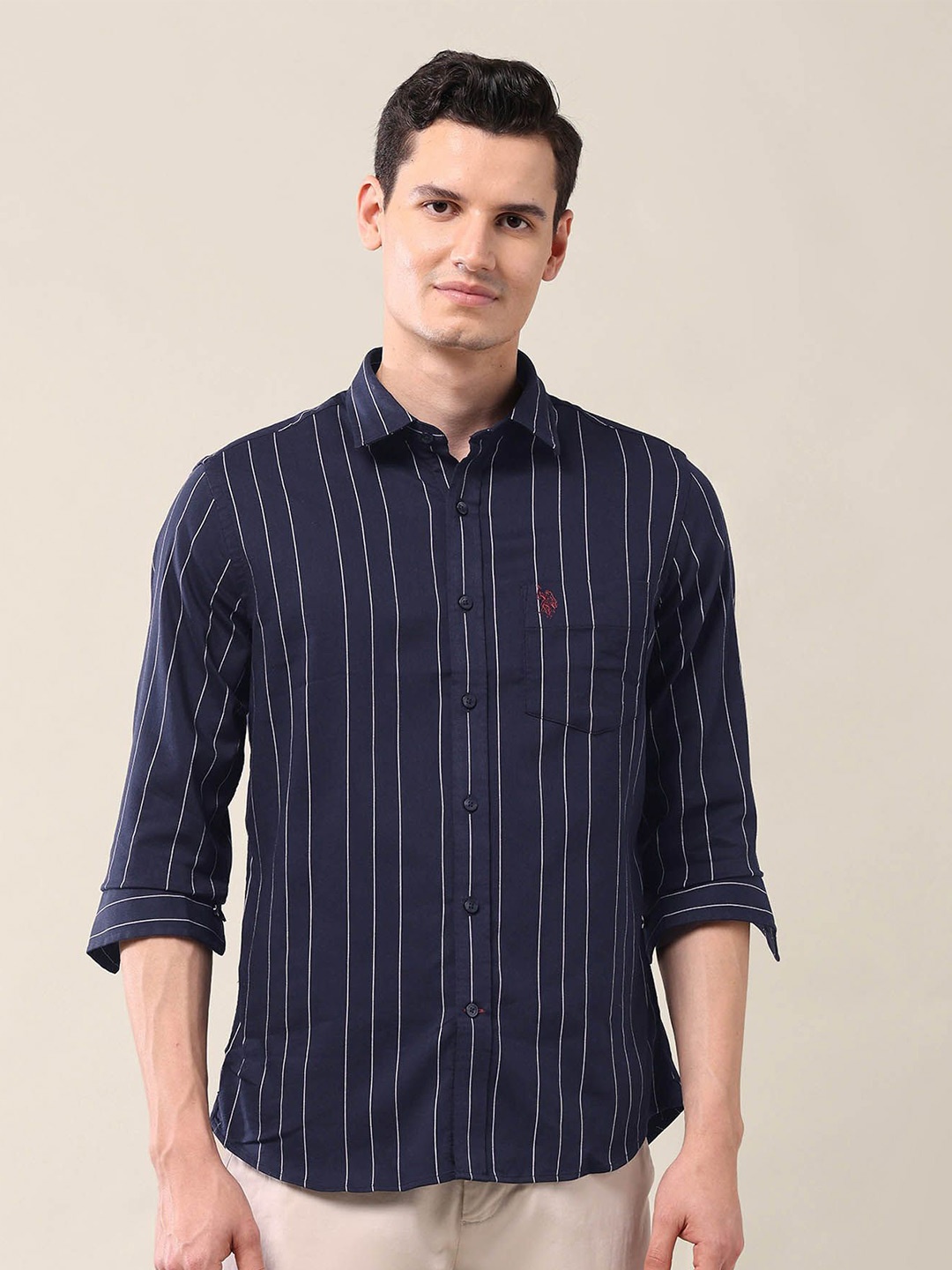 

U.S. Polo Assn. Men Classic Fit Spread Collar Vertical Striped Cotton Casual Shirt, Navy blue