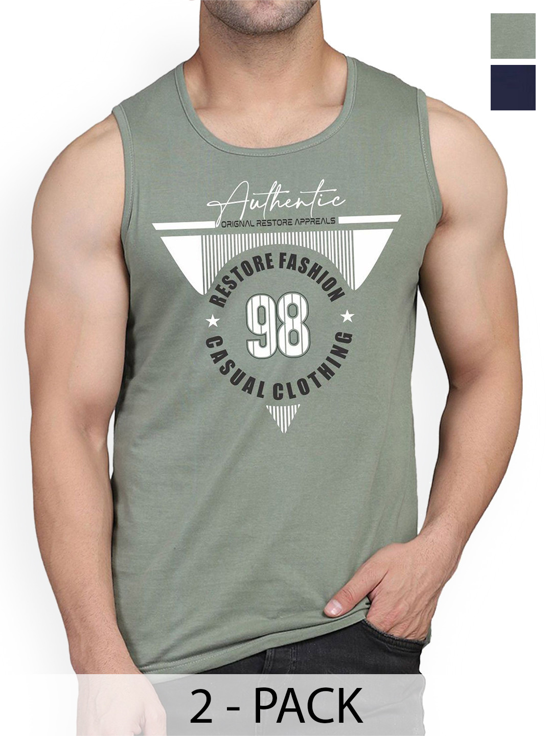 

WOOSTRO Men Pack of 2 Printed Cotton Innerwear Vests, Navy blue