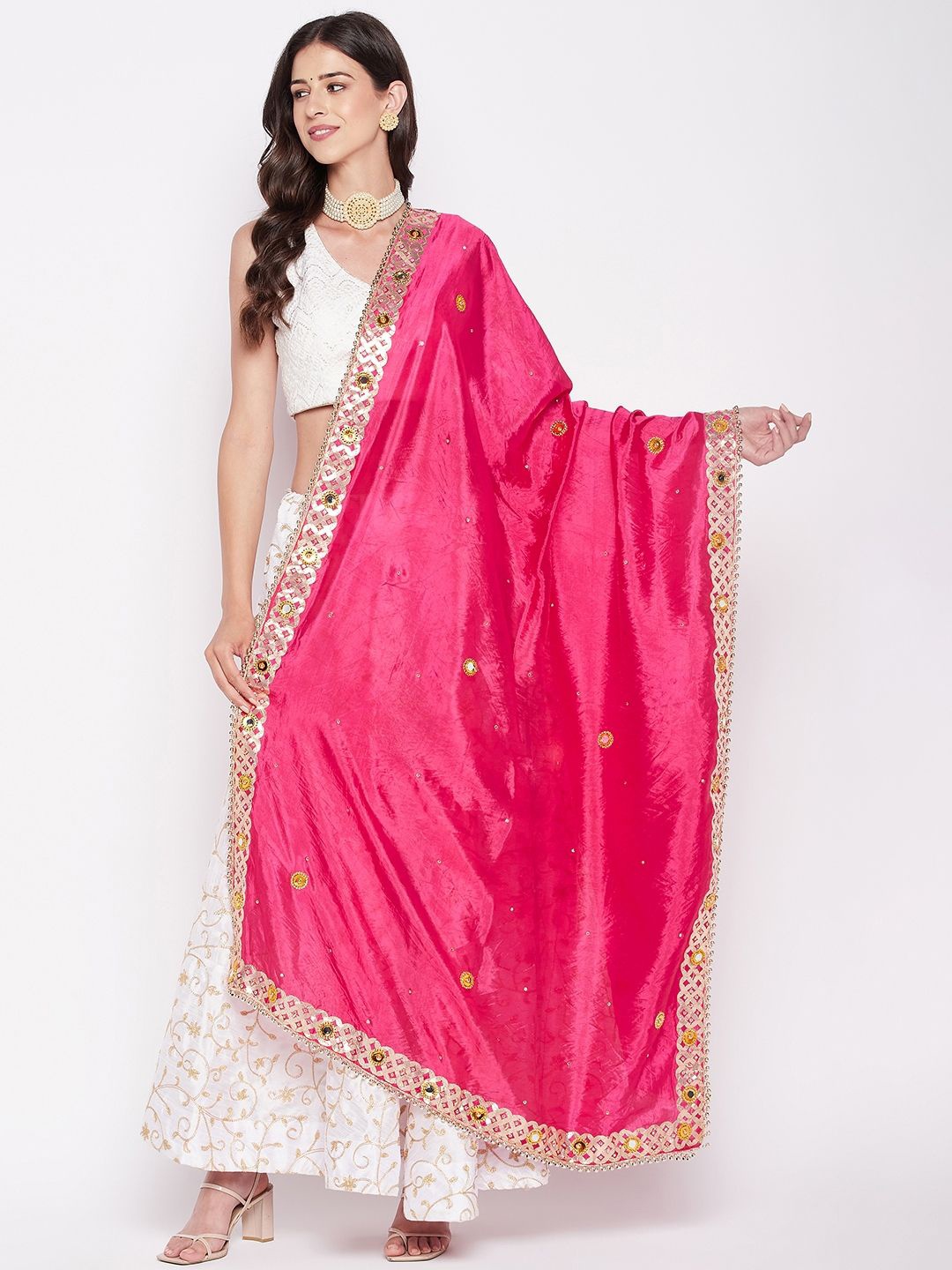 

Clora Creation Geometric Embroidered Dupatta With Beads and Stones, Magenta