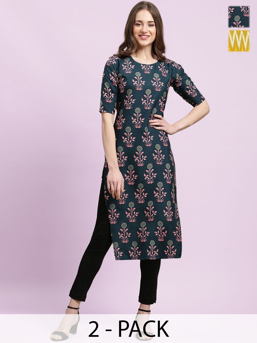 

Moda Rapido Selection Of 2 Floral Printed Round Neck Straight Kurtas, Green