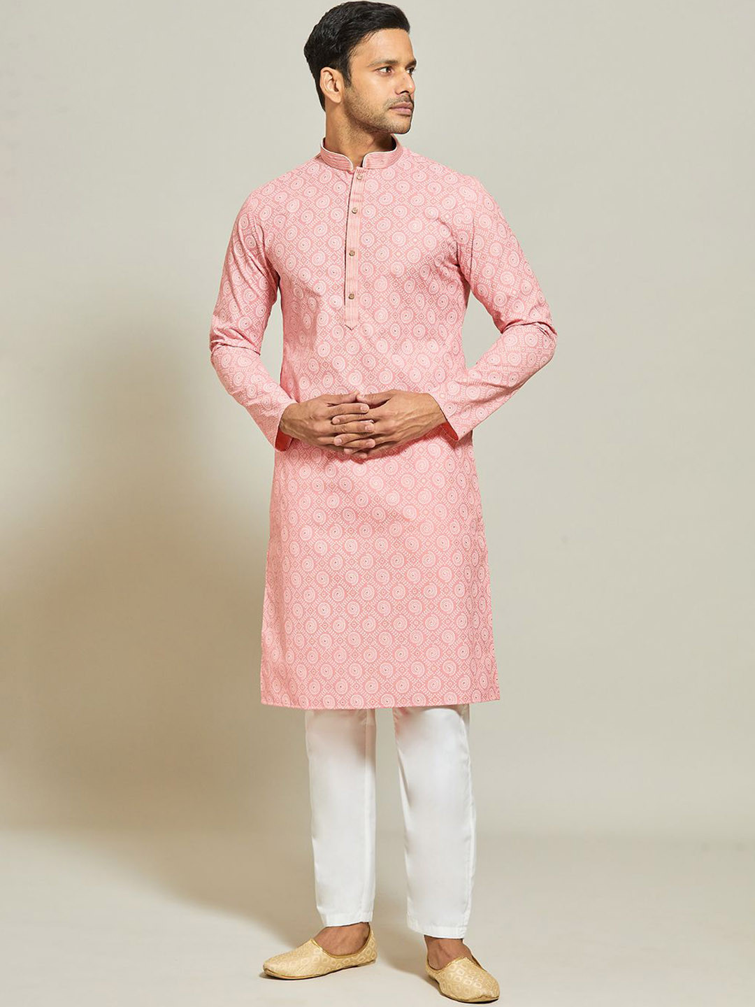 

Arihant Rai Sinha Printed Mandarin Collar Pure Cotton Straight Kurta With Trouser, Pink