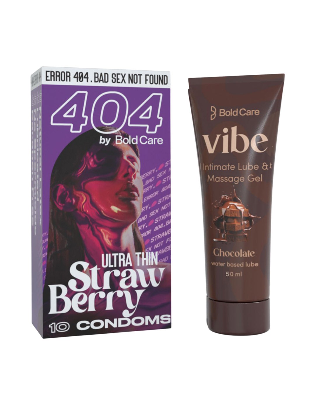 

Bold Care Set Of 2 Vibe Chocolate Lube - 50 ml With Ultra Thin Strawberry Condoms - 10 Pcs, Brown