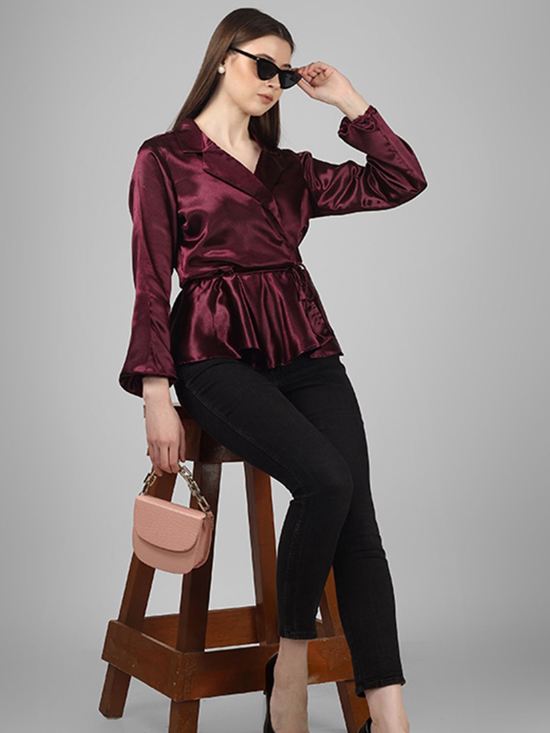 

UNLOKALE Women Printed Wrap Top, Burgundy