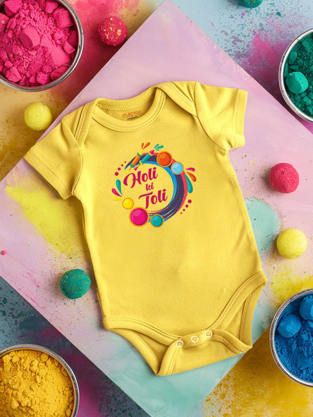 

FFLIRTYGO Infants Holi Printed Cotton Bodysuit, Yellow