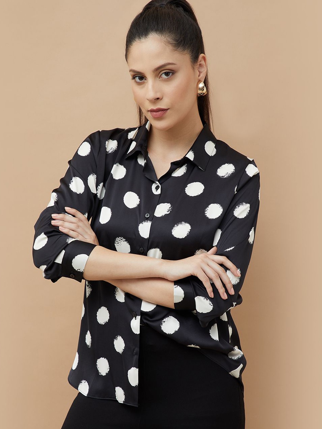 

CODE by Lifestyle Women Spread Collar Geometric Printed Casual Shirt, Black