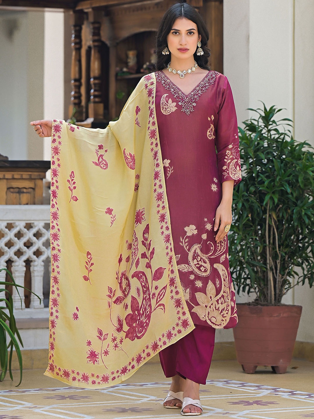 

Anouk Pink Floral Embroidered Straight Beads and Stones Kurta with Trousers & Dupatta