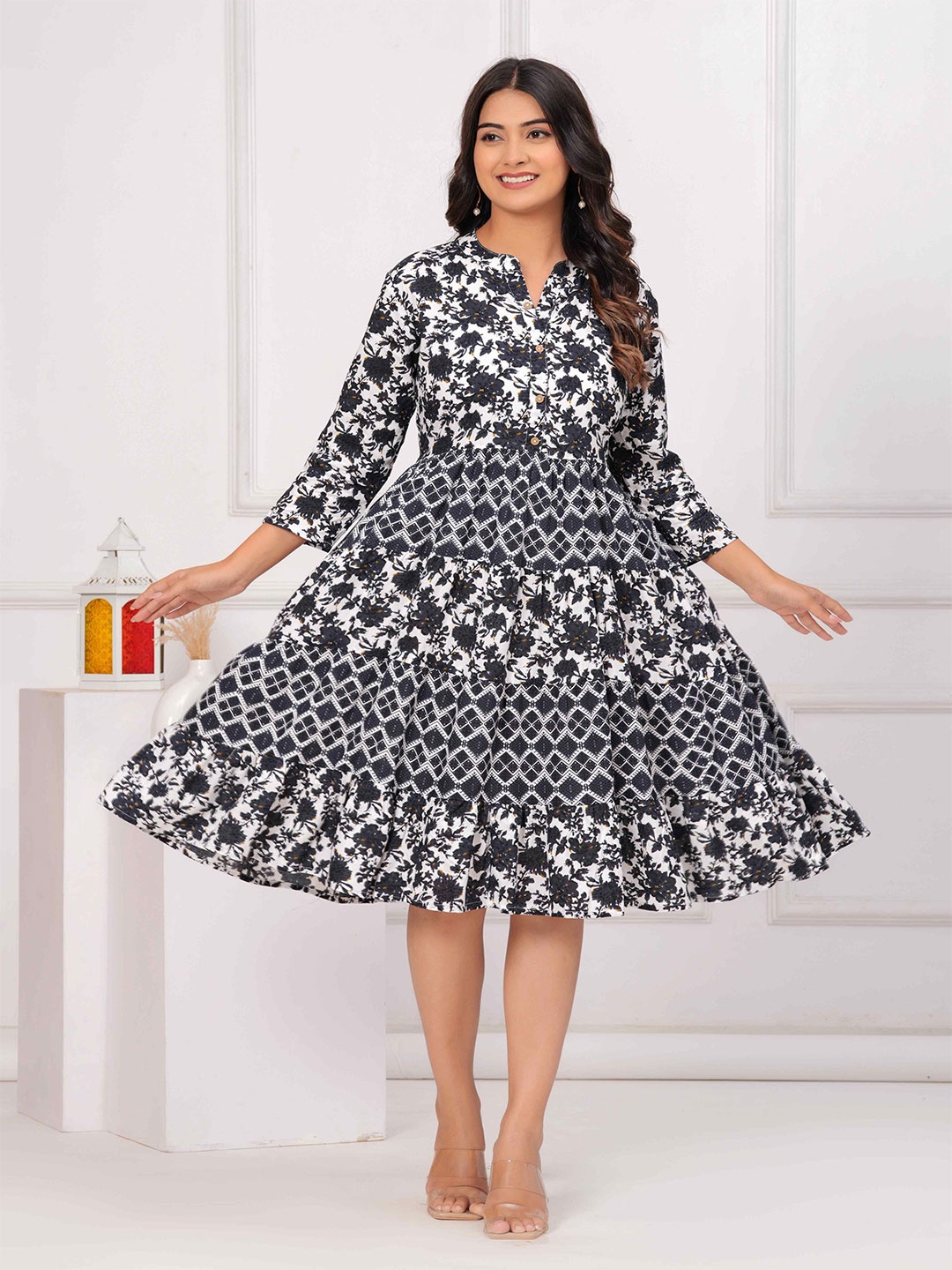 

yaltas Floral Print A-Line Dress, Black