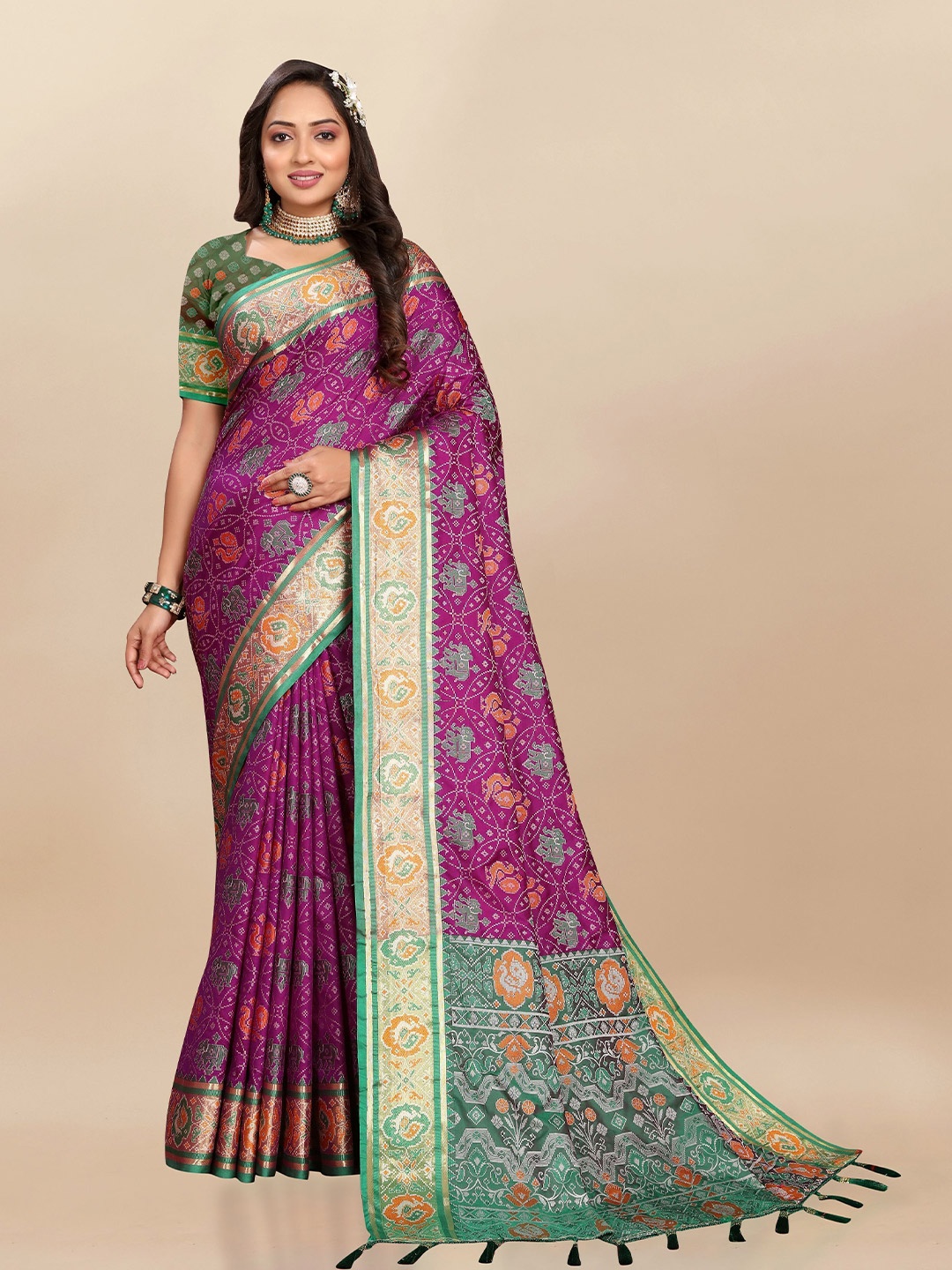 

bansari textiles Woven Design Zari Patola Saree, Purple