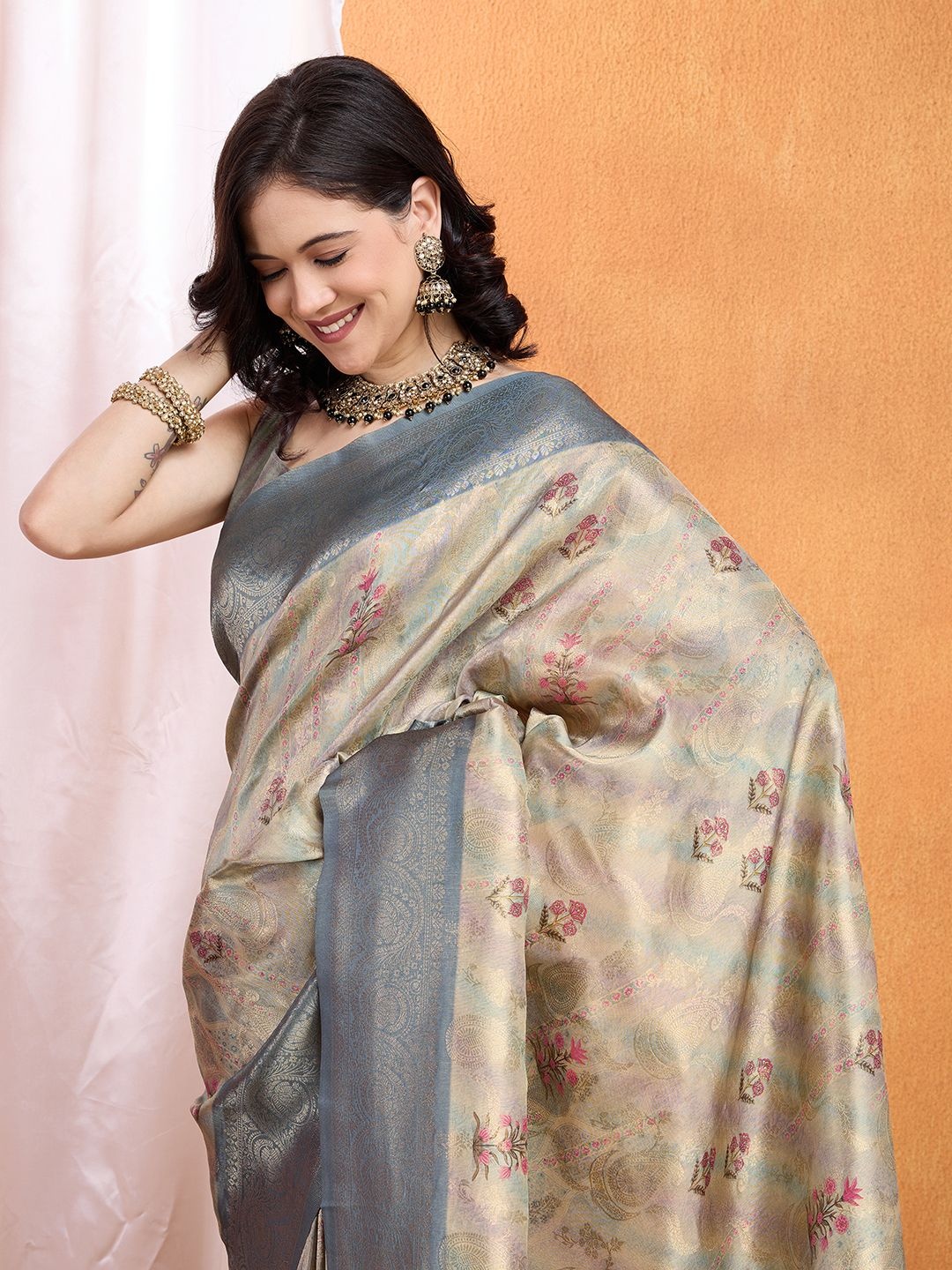 

Ethnielle Kalamkari Zari Silk Blend Banarasi Saree, Grey