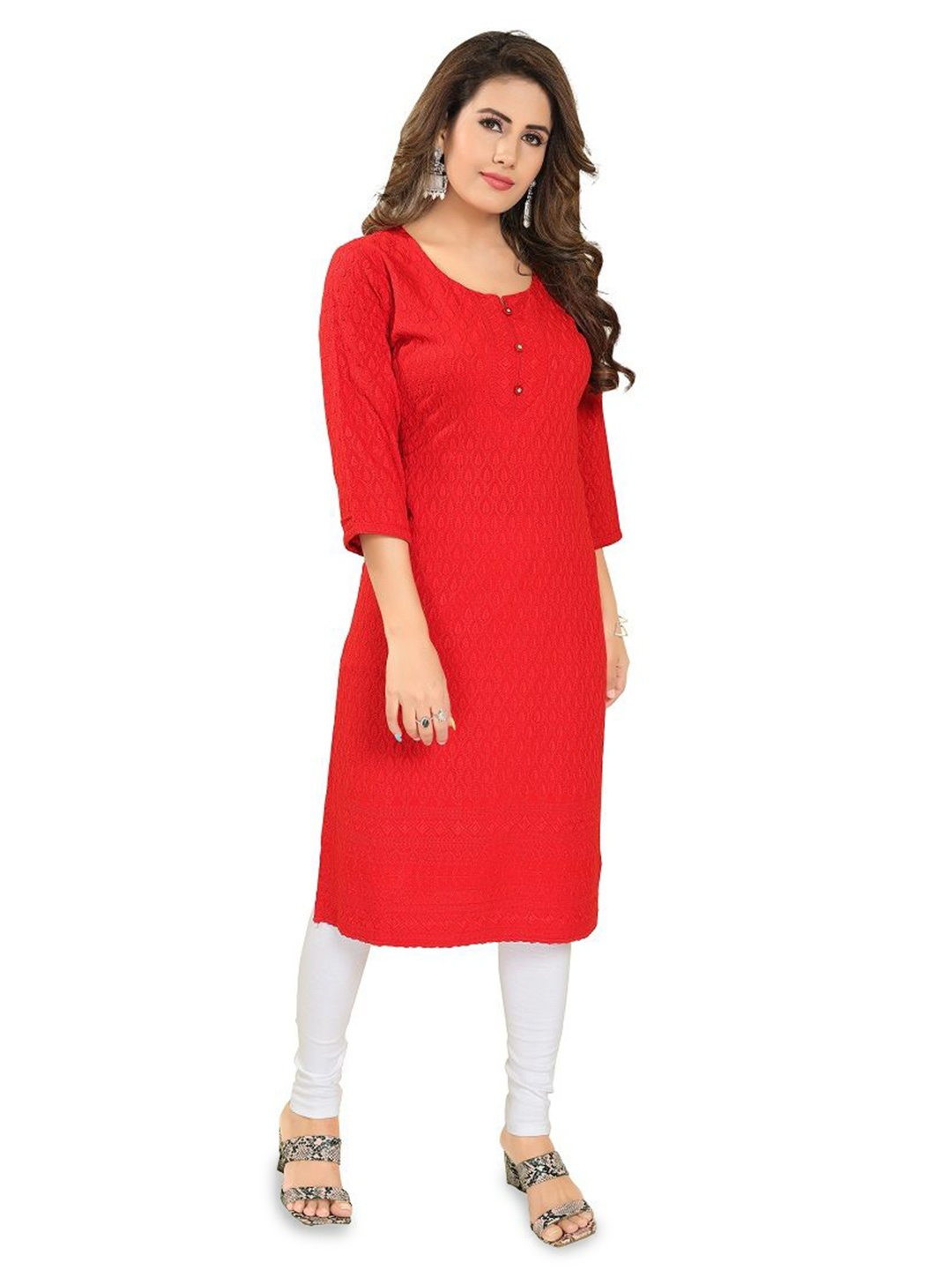 

DREAM & DZIRE Embroidered Cotton Straight Kurtas, Red