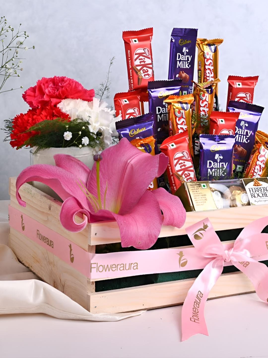 

Floweraura 23Pcs Love Hamper Of Fresh Live Mix Flowers With Mix Chocolates Gift Set, Red