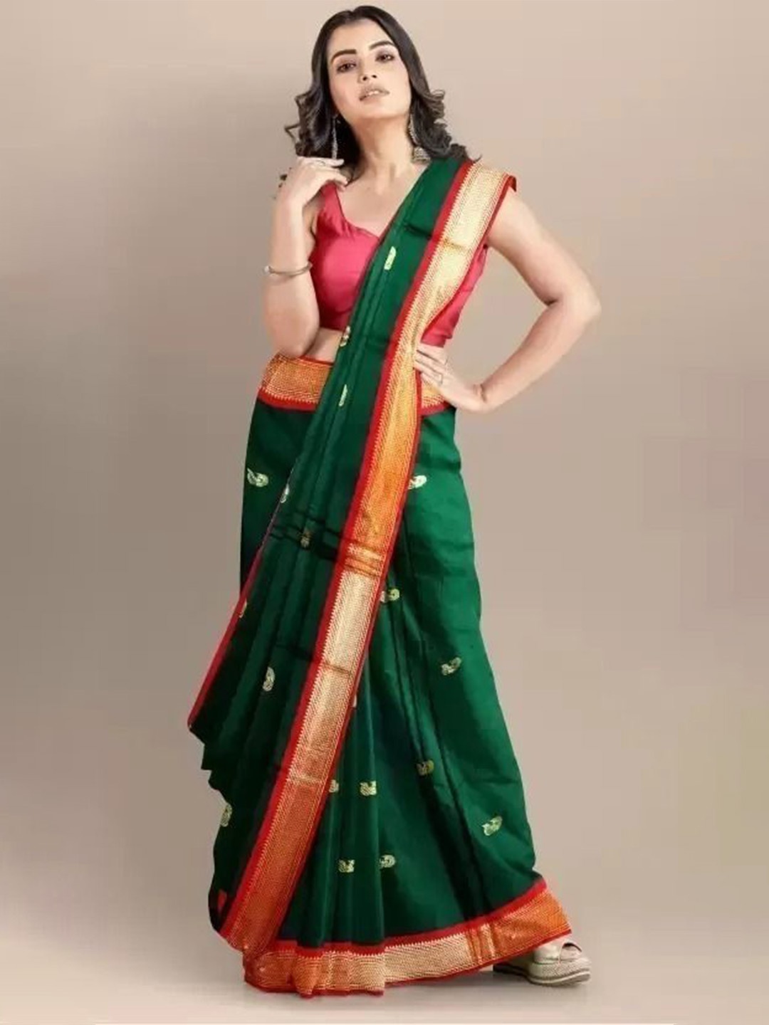 

bansari textiles Woven Design Zari Paithani Saree, Green