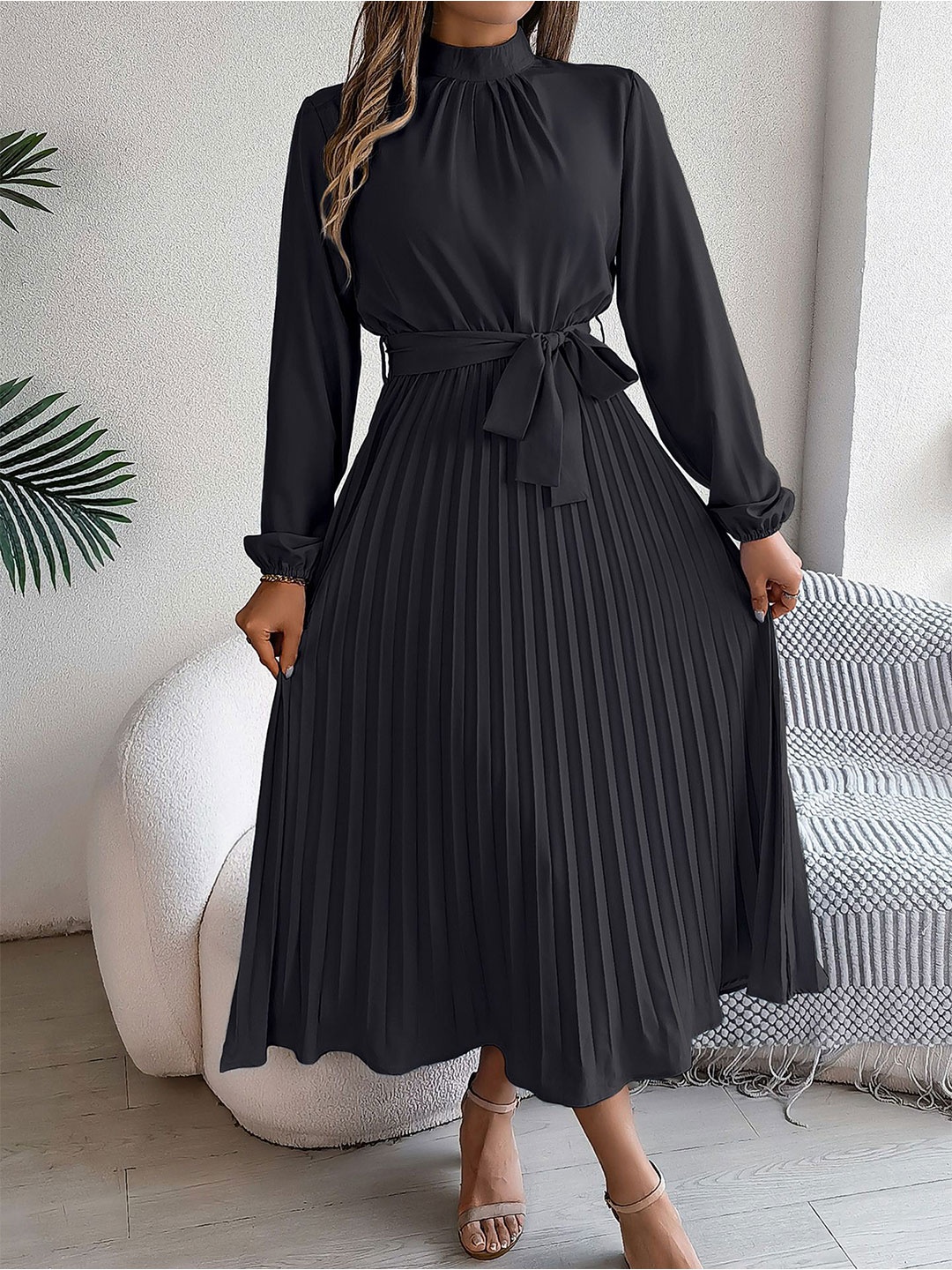 

StyleCast x Revolte High Neck Puff Sleeves A-Line Midi Dress With Tie-Ups, Black