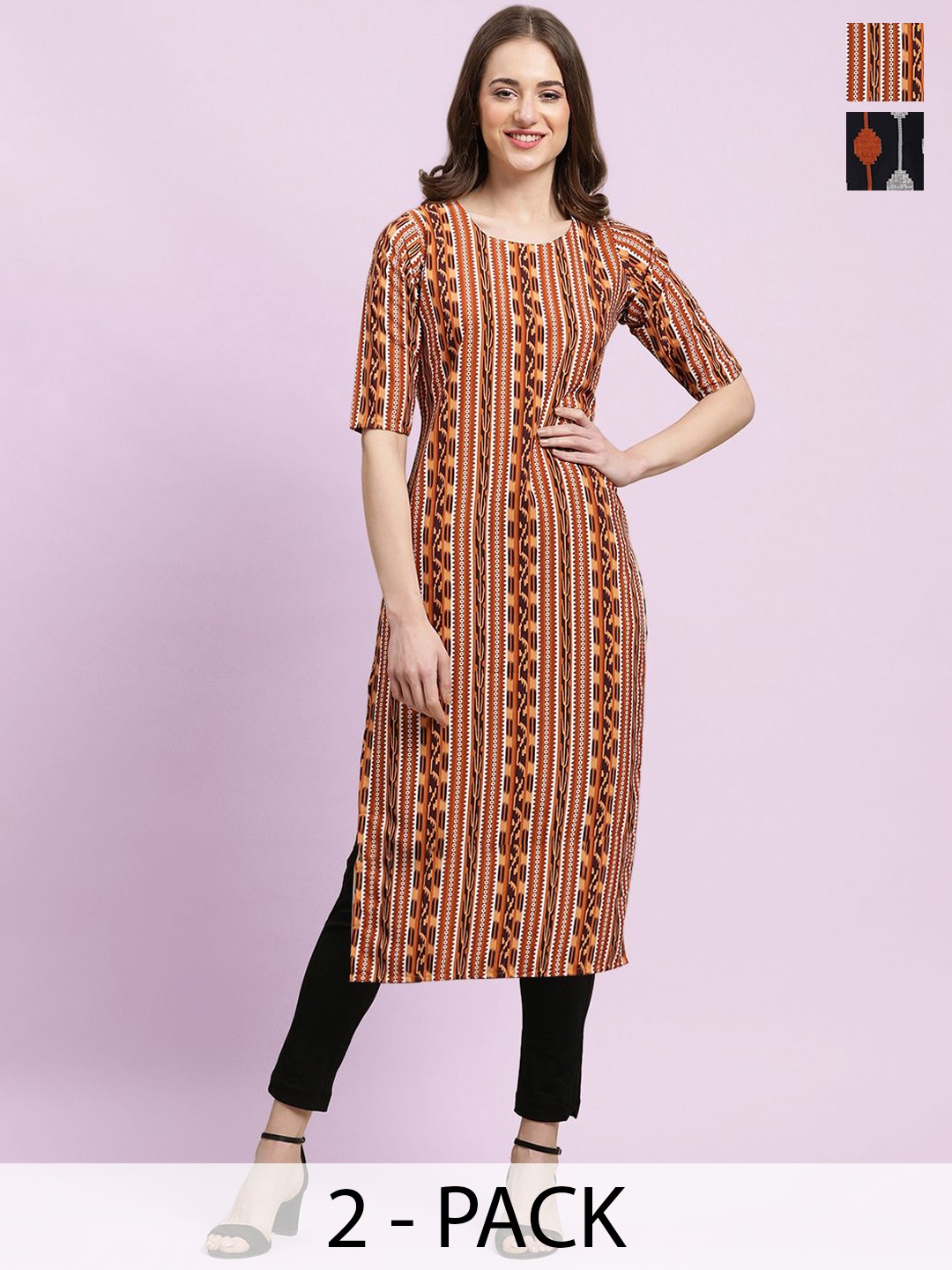 

Moda Rapido Selection Of 2 Ethnic Motifs Printed Round Neck Straight Kurtas, Rust