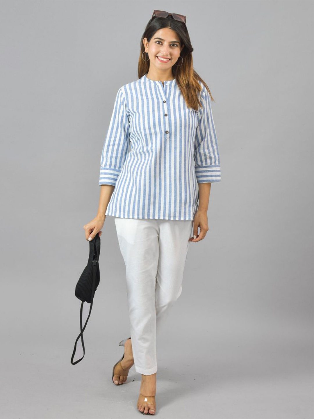 

Suha Women Mandarin Collar Cotton Shirt Style Top, Blue