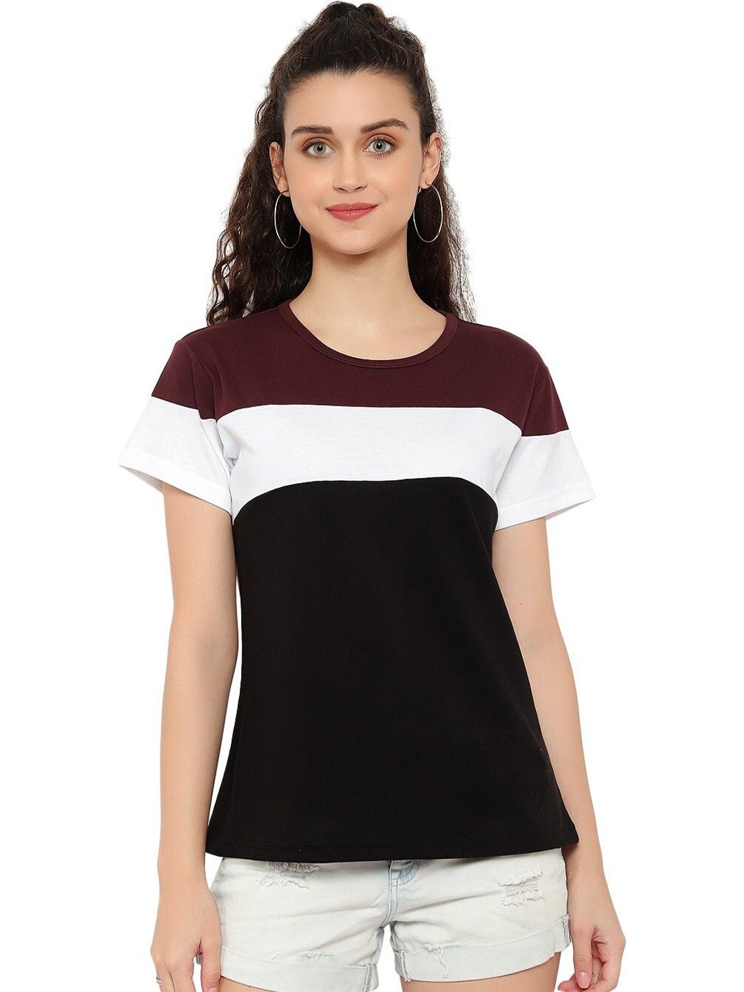 

DEEPMAYRA COLLECTION Women Striped Round Neck Cotton T-shirt, Burgundy