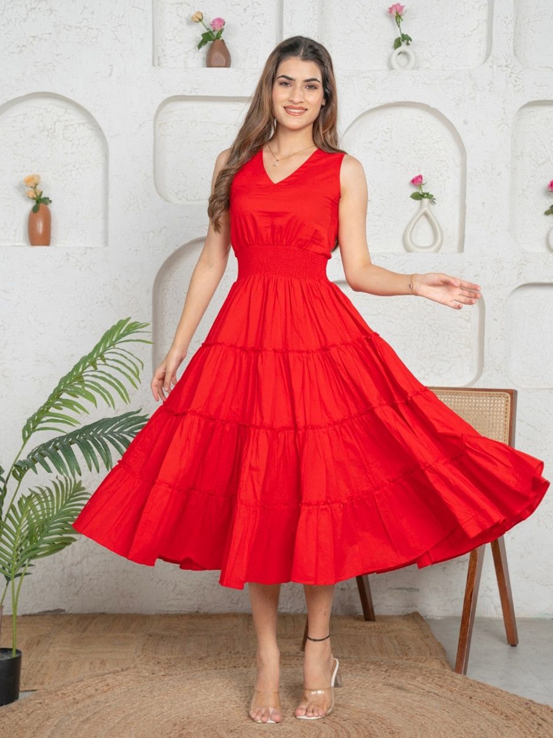 

KAJODI Women Tiered Fit & Flare Midi Dress, Red