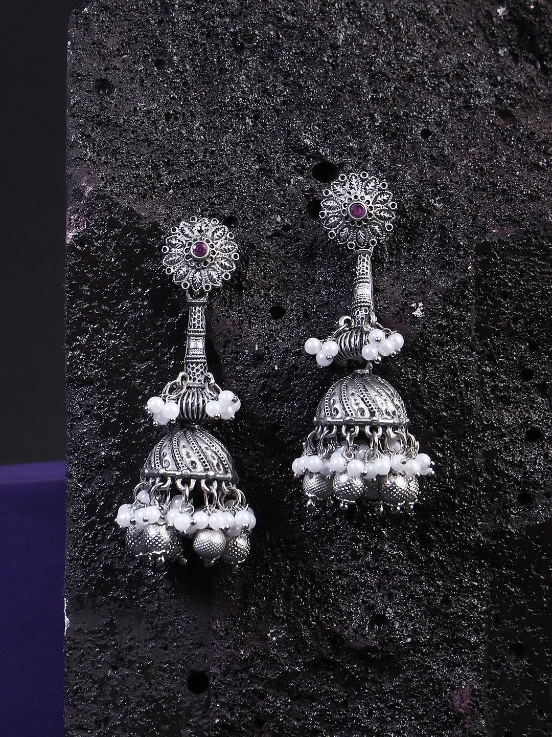 

Sangria White Silver-Plated Artificial Pearls Beaded Dome Shaped Oxidised Jhumkas