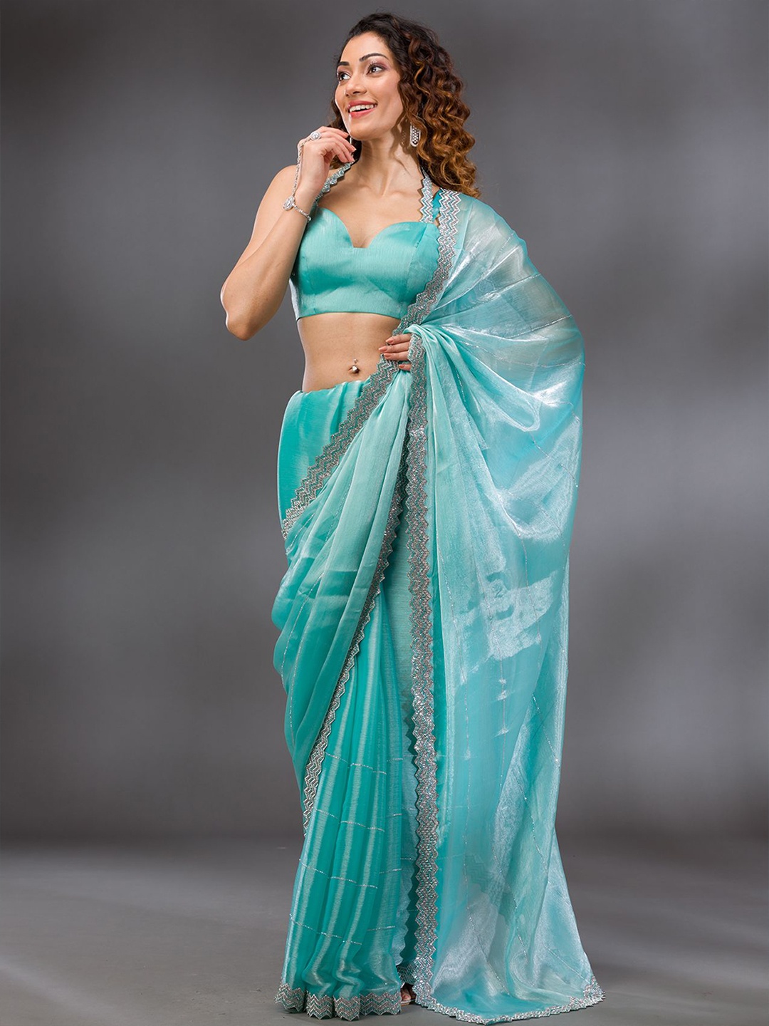 

Koskii Embellished Beads and Stones Satin Saree, Sea green